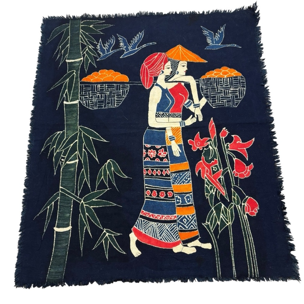 Fringe End‎ Batik Fabric Asian Ladies and Bamboo Print Appr 33”x27”